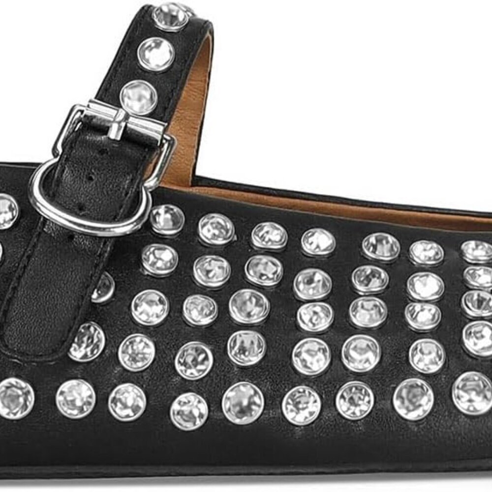 Rhinestone Ballet Flats Women Leather Crystals Rubber Sole Mary Jane Shoes
